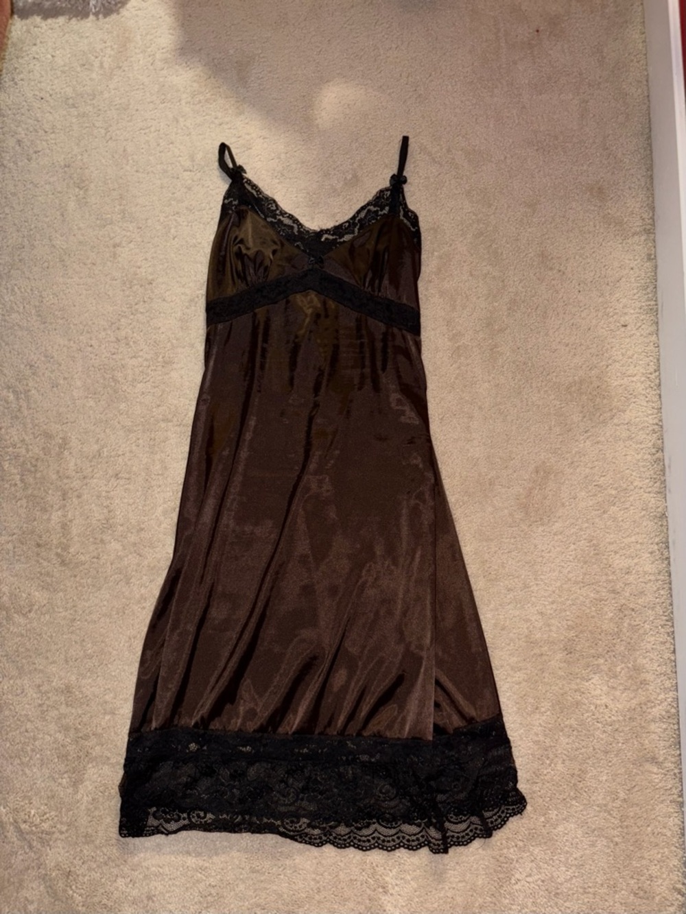 Satin Lace Trim Slip Dress - Black